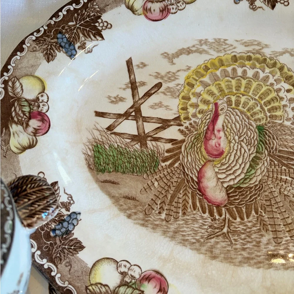 Vintage King Tom Turkey Platter & Covered Gravy Boat Ironstone Thanksgiving Set